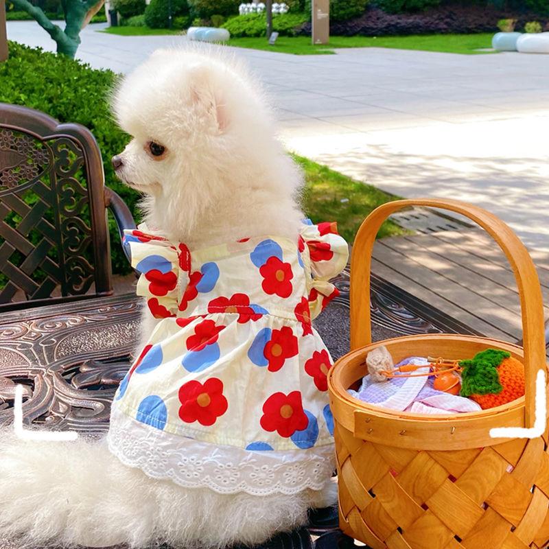 Spring and Summer Breathable Cat Clothing Dog Clothing Pet Cotton Floral Suspender Dress Comfortable Mesh Dress Formal Dress