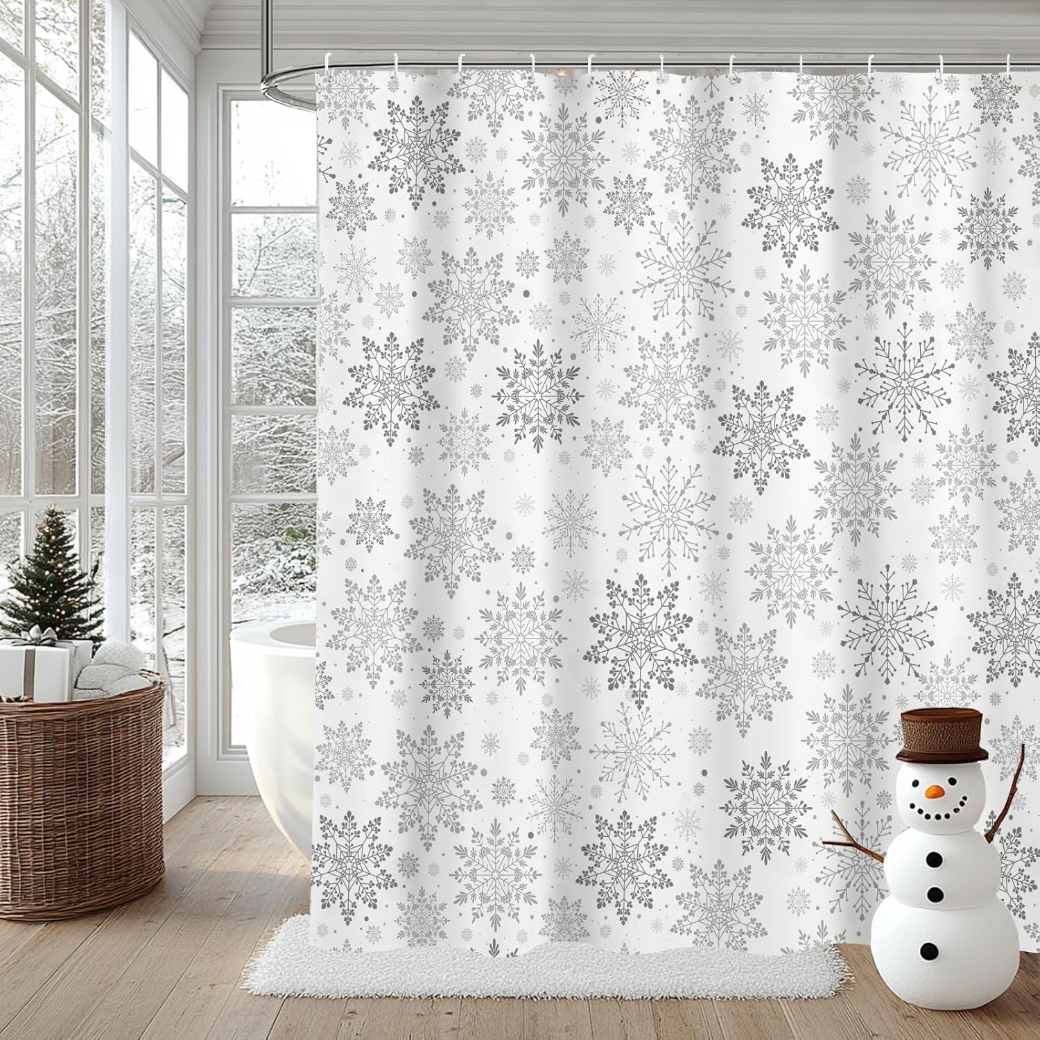 

Winter Snowflake Gray White Shower Curtain Pattern Snow Shower Curtain Bathroom Christmas Decor Waterproof Polyester Fabric With W60H190(CM)-1 Pcs