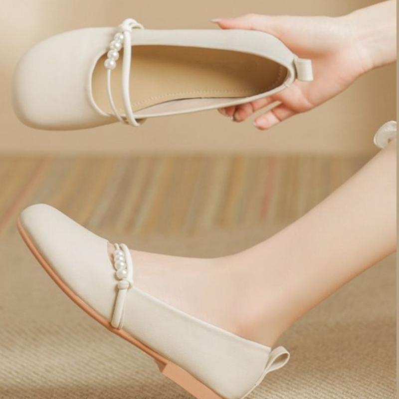 Ladies Footwear Round Toe Low Heel Elegant Pearl Off White Women's Flat Shoes Spring Vacation Summer 2025 Quick Delivery on Sale