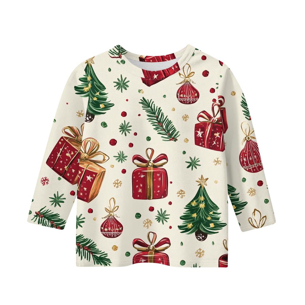 Christmas Day Print Tops For Youth Girls 5-16 Years Round Neck 3/4 Sleeves T-Shirts Trendy Tops Outfit Tees