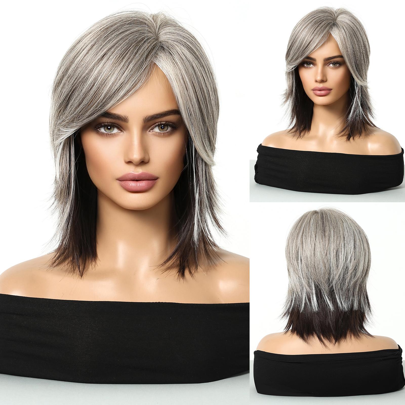 

ALAN EATON Короткие парики Staright Серый Ombre Коричневый парик с длинной челкой для женщин Повседневная вечеринка Косплей Термостойкое волокно