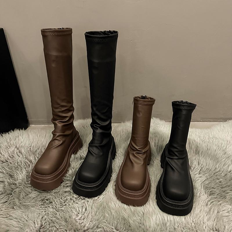 Chunky Women Knee High Boots Fashion Zipper Knight Long Booties Platform Flats Women Autumn Winter Shoes D459