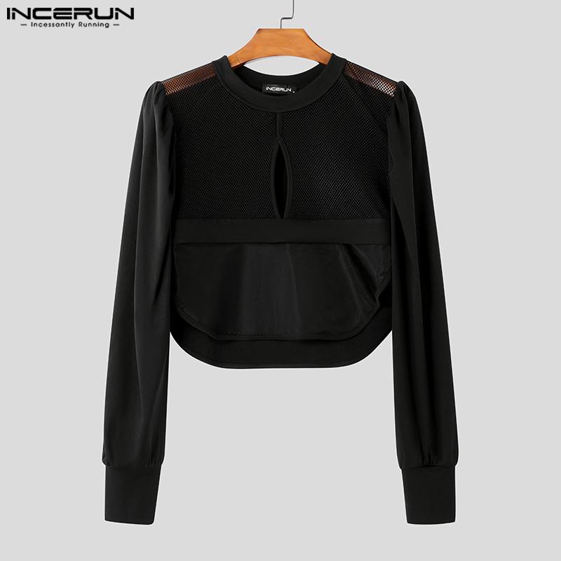 INCERUN Men Long Puff Sleeve Mesh Sheer Patchwork Crop Tops T-Shirts