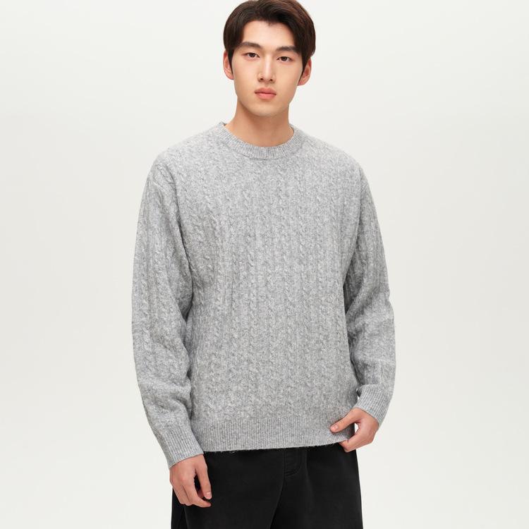 Men s Grey Wool Cable Knit Round Neck Sweater - 2025 Autumn/Winter Thick Warm Casual Outerwear M