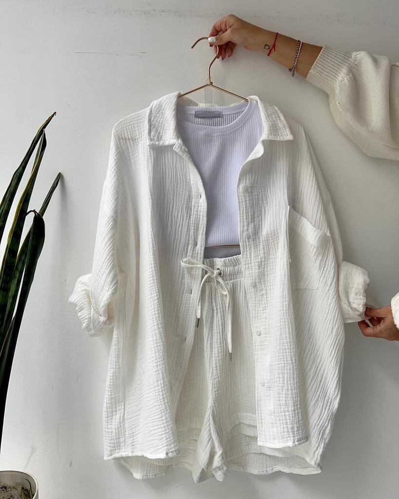 European and American Women's Plus Size Two-Piece Crinkled Set: Long Sleeve Turn-Down Collar Shirt & High Waist Drawstring Shorts.