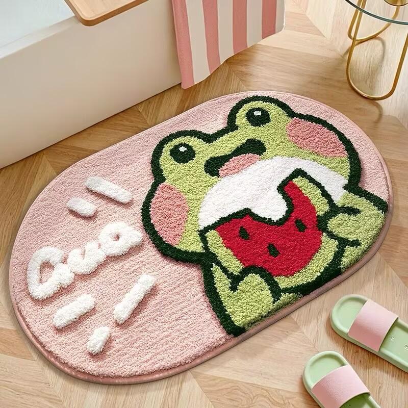 Soft Faux Wool Bath Mat With Cartoon Frog Design Non-Slip Absorbent Floor Rug Bathroom Bedroom