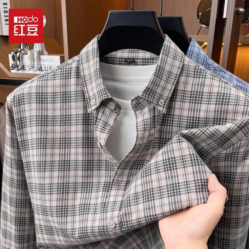 Hongdou Men's Long-Sleeve Plaid Cotton Brushed Shirt