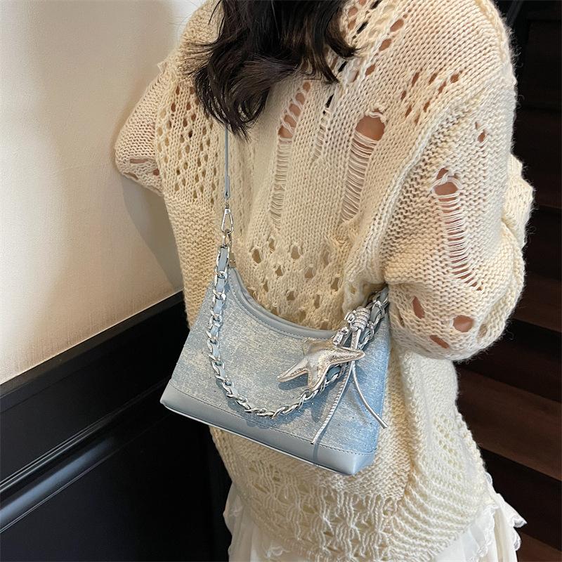 Fashion Denim Shoulder Bag for Women 2024 New Korean Style Crossbody Bag with Chain Cute Versatile Top-Handle Purse