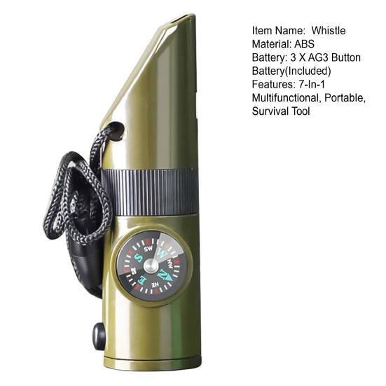 7-In-1 Multifunctional Whistle with Compass Thermometer Magnifier Reflector Mirror LED Light Outdoor Hiking Hunting Camping Emergency Survival Tool