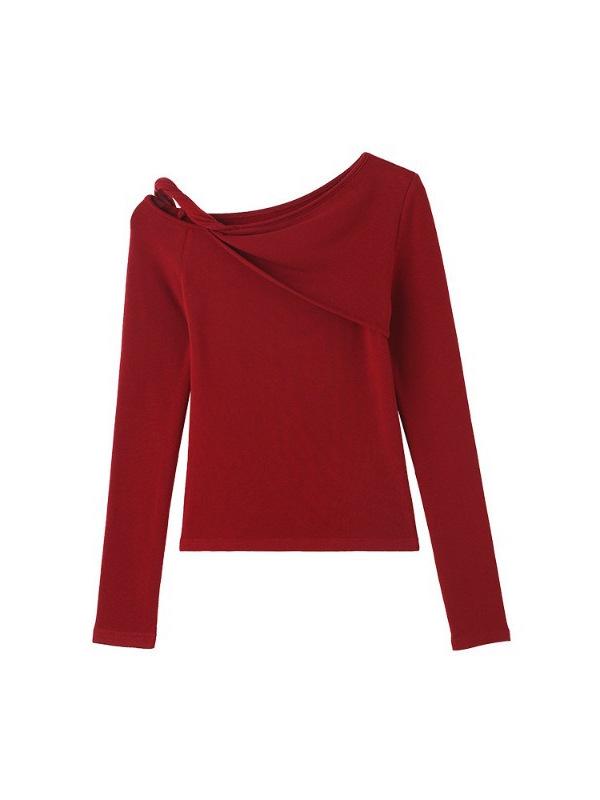 Koreanisches scharfes rotes One-Shoulder-Langarm-Camisole - Figurschmeichelndes Nischen-Top für Damen