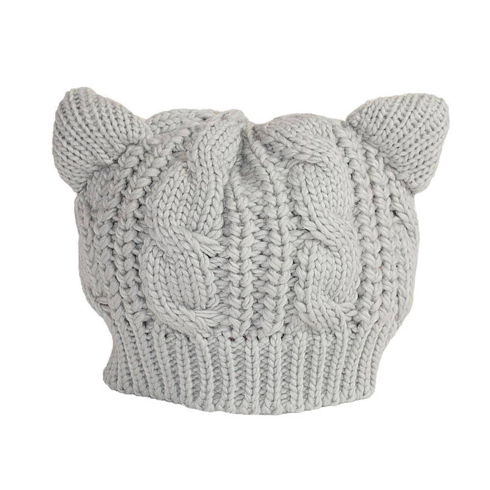 Women Knitted Hats Autumn Winter Trendy Solid Color Cute Cat Ears Cable Knit Beanie Hats