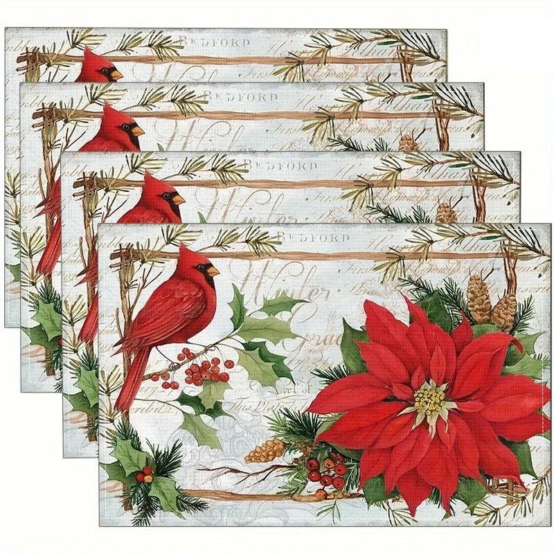 

4PC Christmas Theme Linen Place Mats Linen Table Mats for Party Dining Decor Heat-Resistant Kitchen Dinner Table Mats 30x45cm-4PC