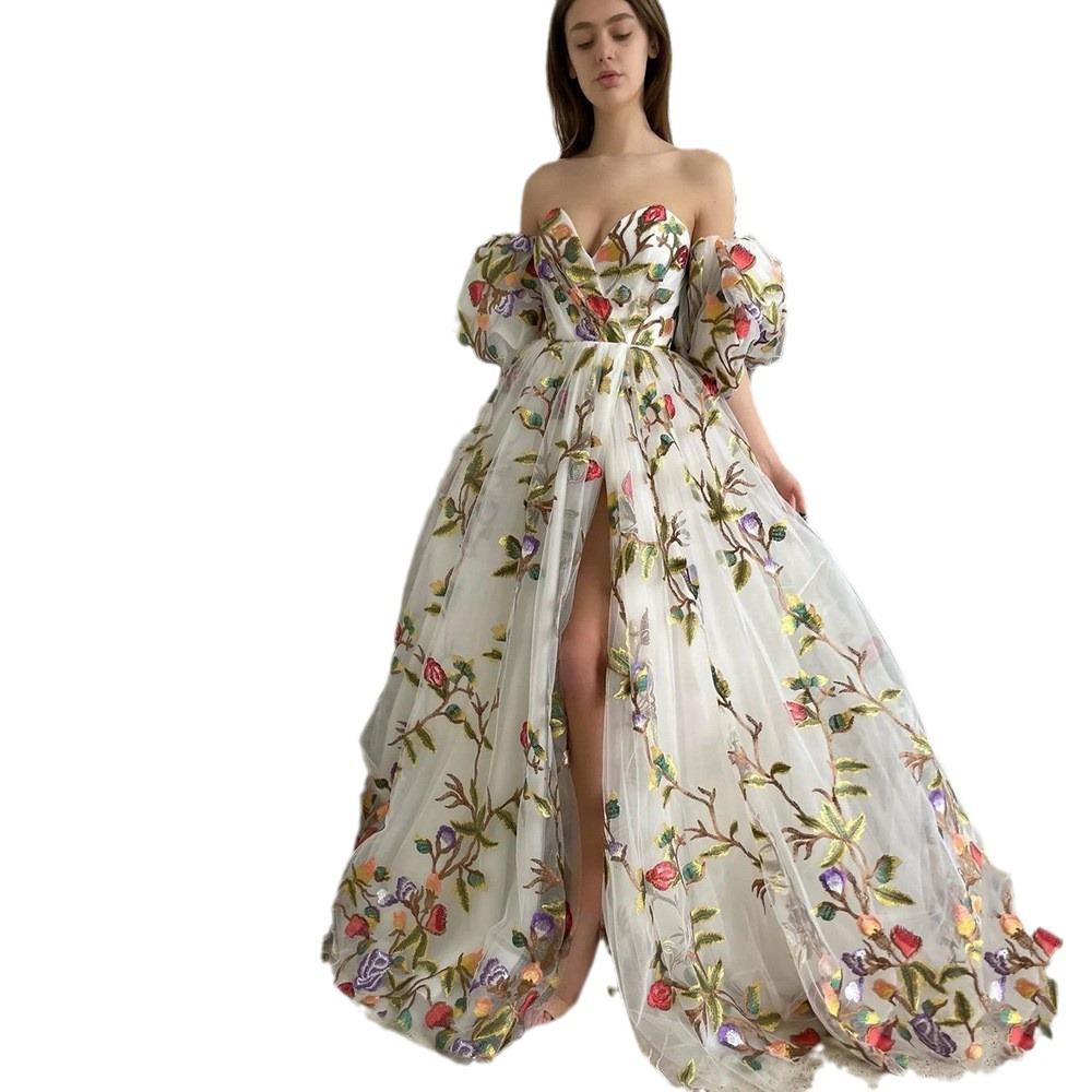 Spring And Summer New European And American Women'S Clothing Dress One-Word Shoulder Tube Top Split Embroidery Temperament Mesh Dress