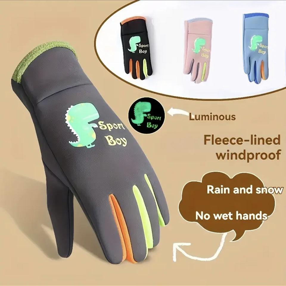 1Pair New Style Children's Gloves Skin-Friendly And Warm Silicone Luminous Cartoon Dinosaur Water-Resistant Fabric Unisex