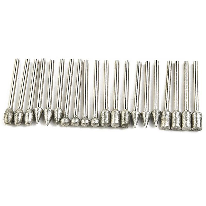 20Pcs Diamond Drill Grinding Bit Set Mini Drill Burrs Bit Set For Rotary Tool Grinding Accessories 3Mm Shank