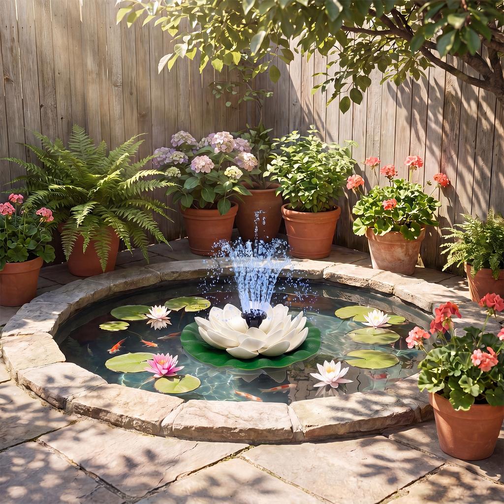 Lotus Free Standing Solar Fountain with 6 Nozzles Mini Solar Powered Fountain Pump Floating for Garden Pond Pool and Outdoor