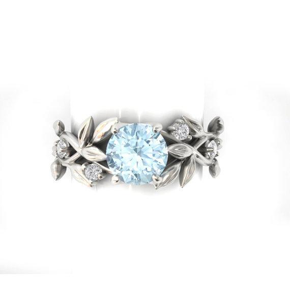 European Princess Olive Leaf Engagement Ring with Blue Zircon and Diamonds