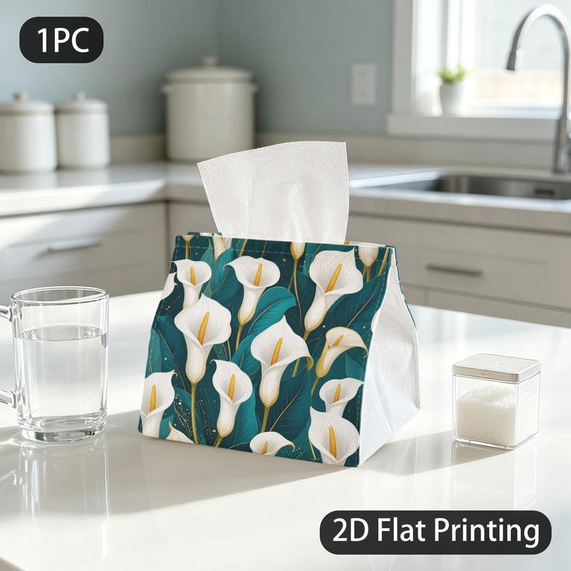 1pc Tissue Box, Elegant White Calla Lilies Teal Golden Luxury Pattern, 2D Flat Printing, Polyester Material, Can Be Folded, Tissue Organizer, for Vehi