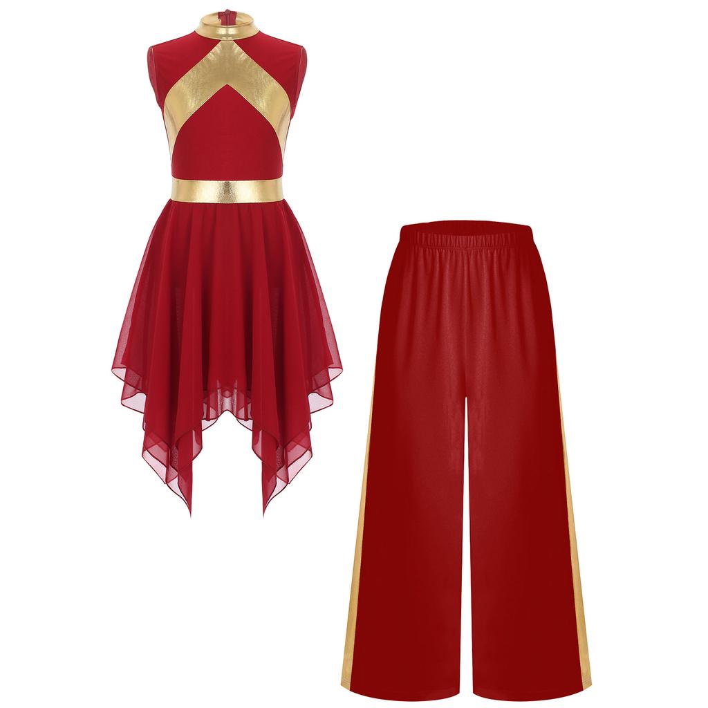 Mädchen Lobpreistanz Outfit Ärmelloses Metallic-Kleid Patchwork-Design Asymmetrischer Saum Weitbein-Hosen Set