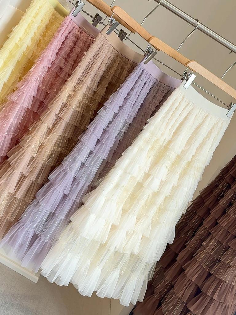 Super Fairy Mesh Patchwork Lurex A-Line Cake Skirt – 2025 Spring/Autumn Fluffy Mid-Length Tulle Skirt