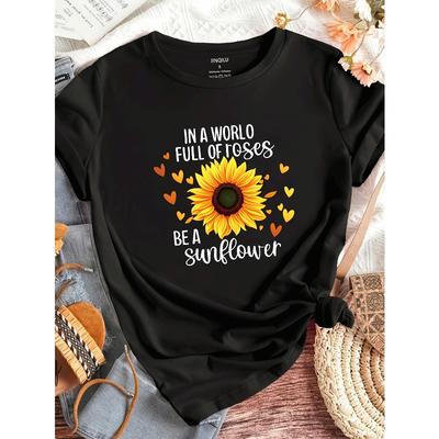 Europäische Größen Damen Oversized Casual T-Shirt - Lebendiges Grünes Sonnenblumen- & Herz-Print mit dem Zitat „In a World Full of Foses Be a Sunflower“