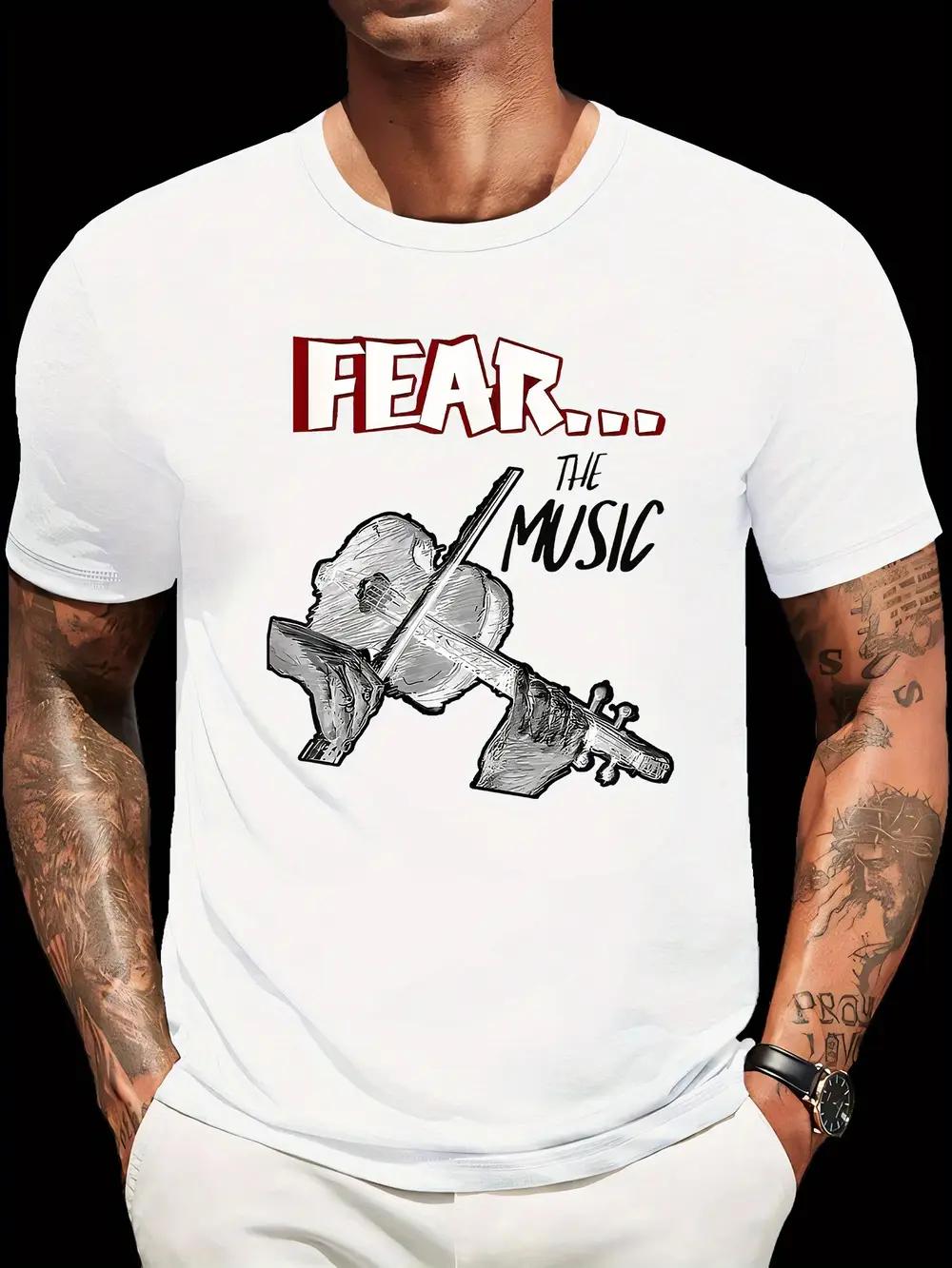 

Fear The Music Graphic Print Short Sleeve T-shirt - Bold Red & Black Text with Violin Design M