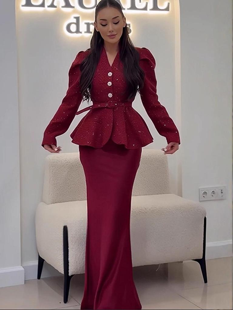 2025 Elegant Solid Color Two-Piece Set: Top + Skirt