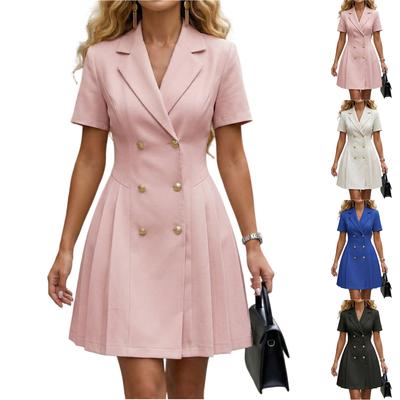 Women Short Sleeve Double Breasted Blazer Dress Notched Lapel Office Mini Dress Pleated Skirt Suit Dress for Summer