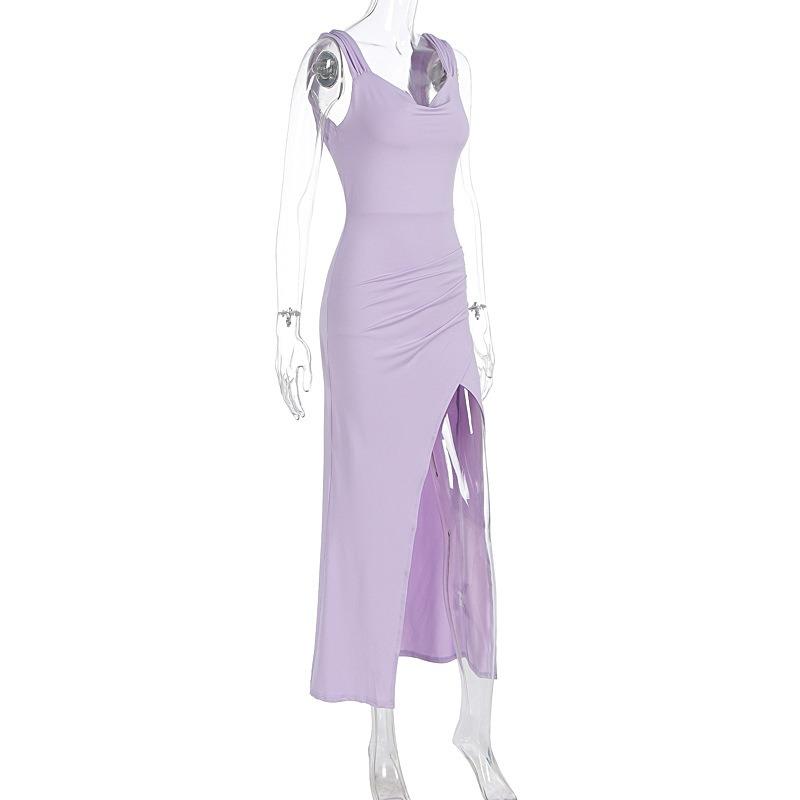 Women European Style Backless Sleeveless Lace Up Slit Slim Long Dress