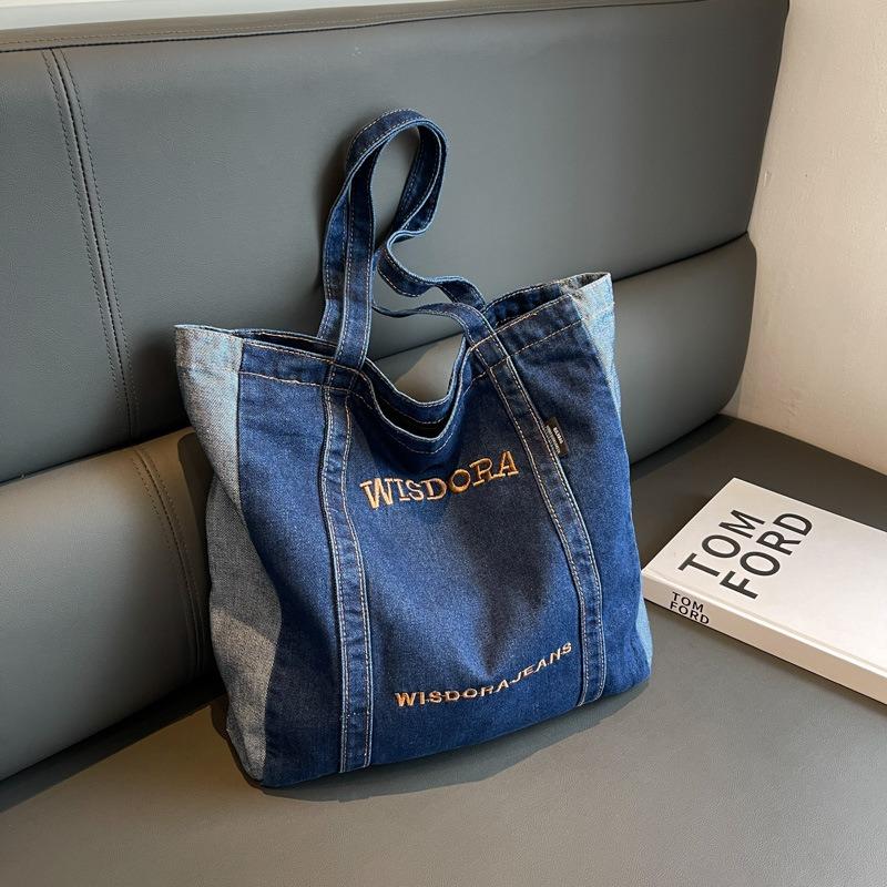 New Casual Denim Bag Women Large Capacity Shoulder Bag Letter Embroidery Denim Tote Bag