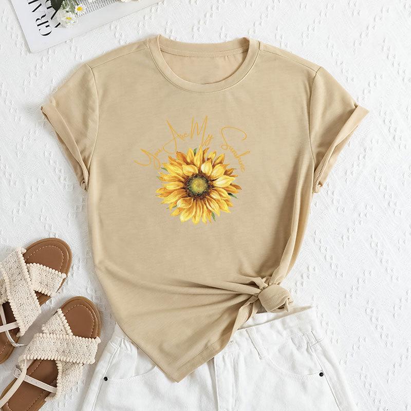Summer Women's Fashionable Sunflower Print Short Sleeved Casual Loose Cotton Round Neck Top