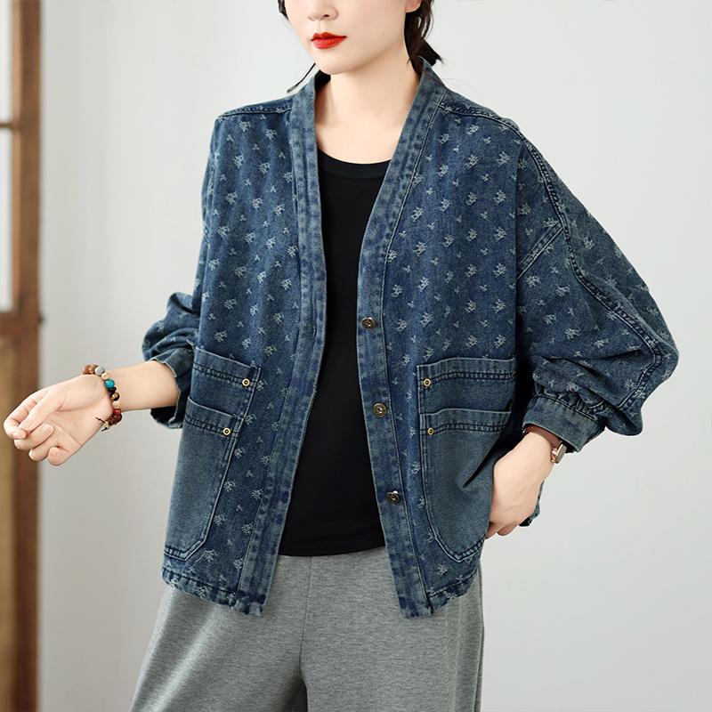 DIMANAF 2026 Herbst Winter Jeansjacken Mantel Print Floral Blau Lässig Langarm Damen Übergröße Locker Knöpfe Taschen Vintage Oberbekleidung