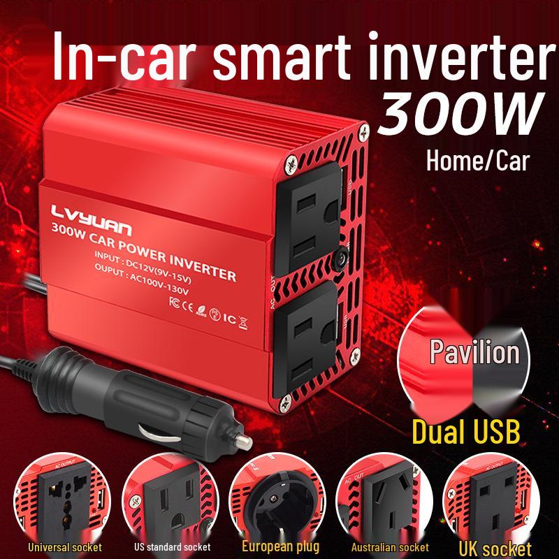 12V To 110V/220V Car Inverter with Dual USB & Cigarette Lighter Plug, 300W