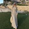 Spring temperament celebrity style splicing pleated long-sleeved dress slim and thin solid color long dress women's clothing