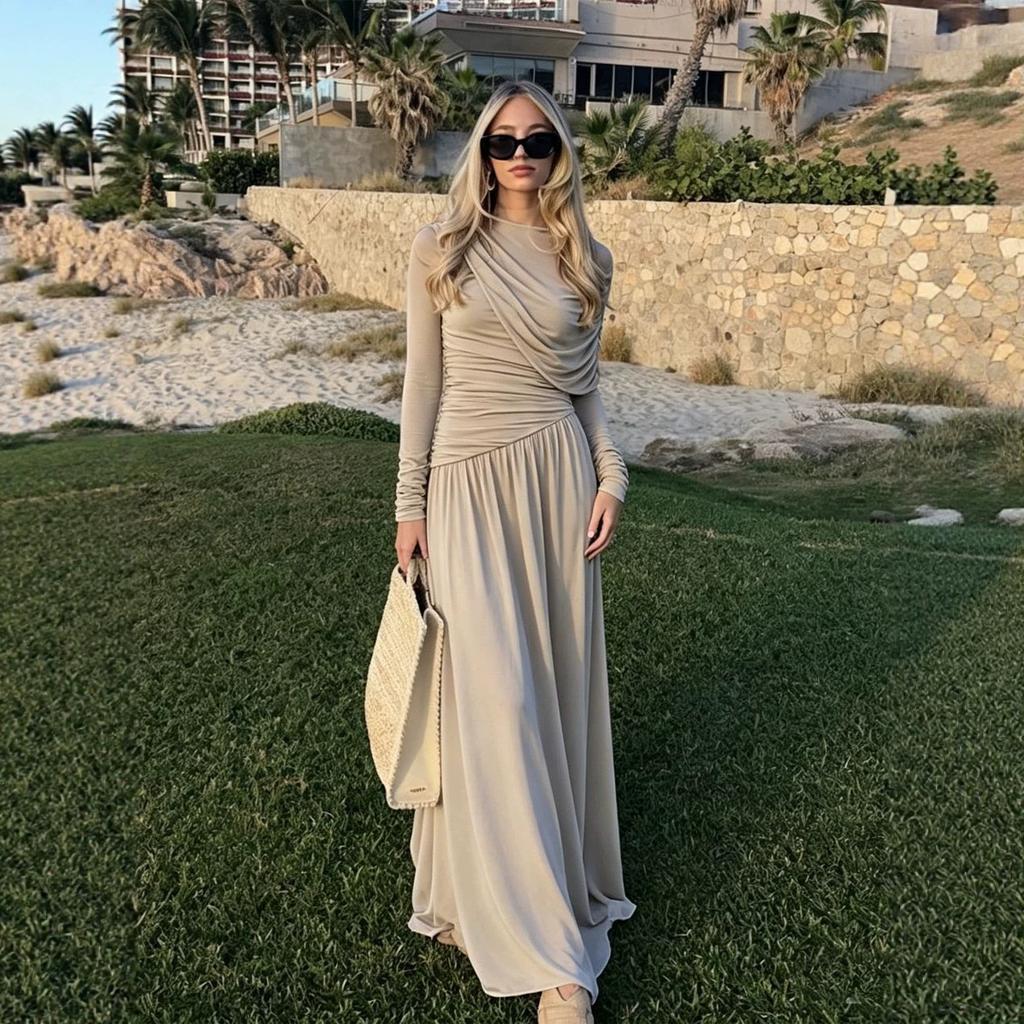 Spring temperament celebrity style splicing pleated long-sleeved dress slim and thin solid color long dress women's clothing