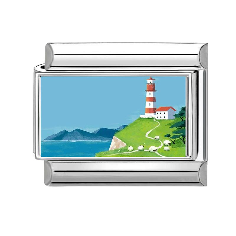New Green Scenery Series Sunset Sea Lighthouse Italian Charm Links Fit 9MM Stainless Steel Bracelet Women Men DIY Making Jewelry