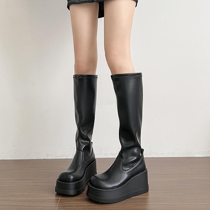 Punk Stil Plateau Keilabsatz Damen Kniehohe Stiefel Mode Slip On Höhenerhöhung Weibliche Ritter Stiefeletten