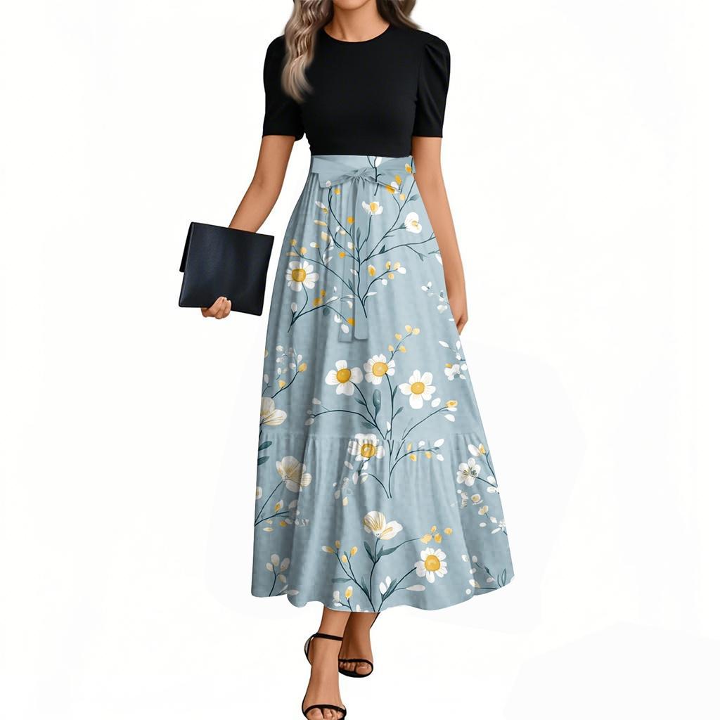 Women's Fashion Casual Belt Short Sleeve Round Neck Floral Stitching Elegant Temperament Dress