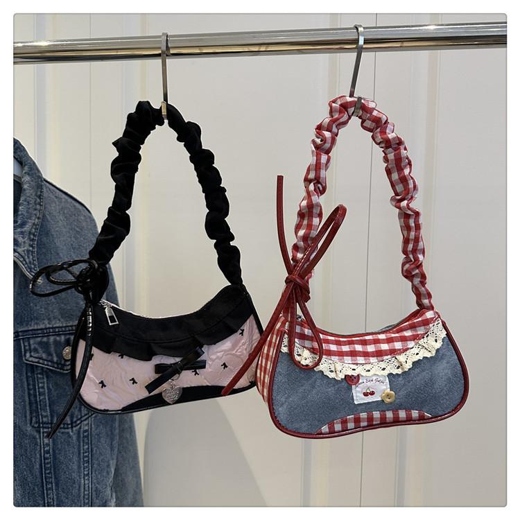 Sweet Lace Bow Prints Ladies Shoulder Bags Women's Contrast Color Lightweight Underarm Bags Pleated Design Female Hobos Handbags