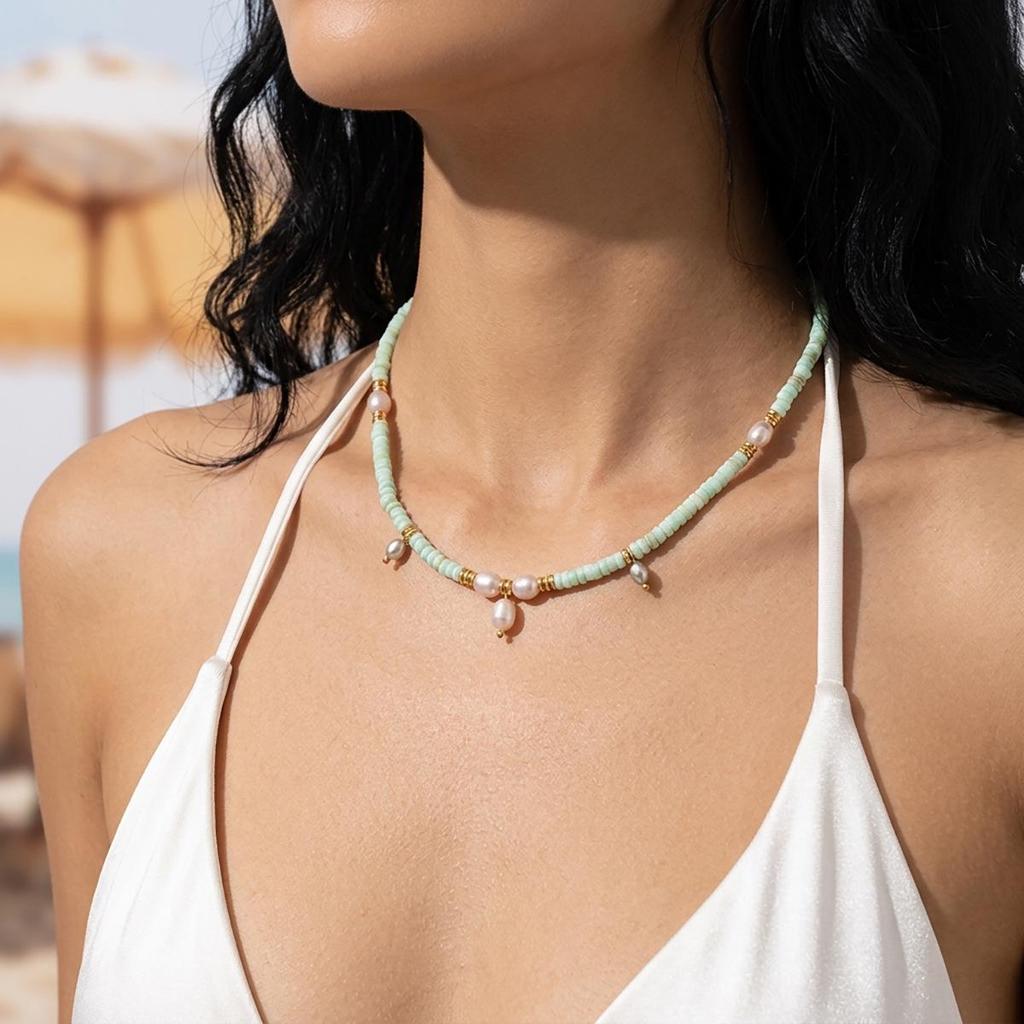 INS Style Colorful Beaded Necklace with Freshwater Pearl Pendant and Titanium Steel Chain