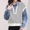 Spring Autumn Fake Two Pieces Knitting Demin Patchwork Shirt Ladies Long Sleeve Vintage All-match Vest Blouse Women's Clothing