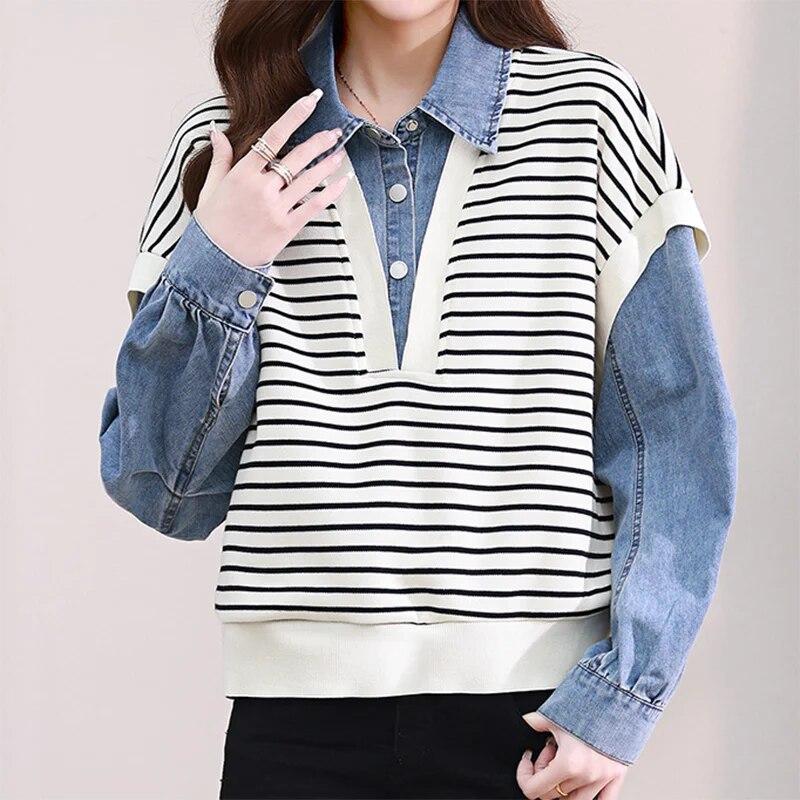 Spring Autumn Fake Two Pieces Knitting Demin Patchwork Shirt Ladies Long Sleeve Vintage All-match Vest Blouse Women's Clothing