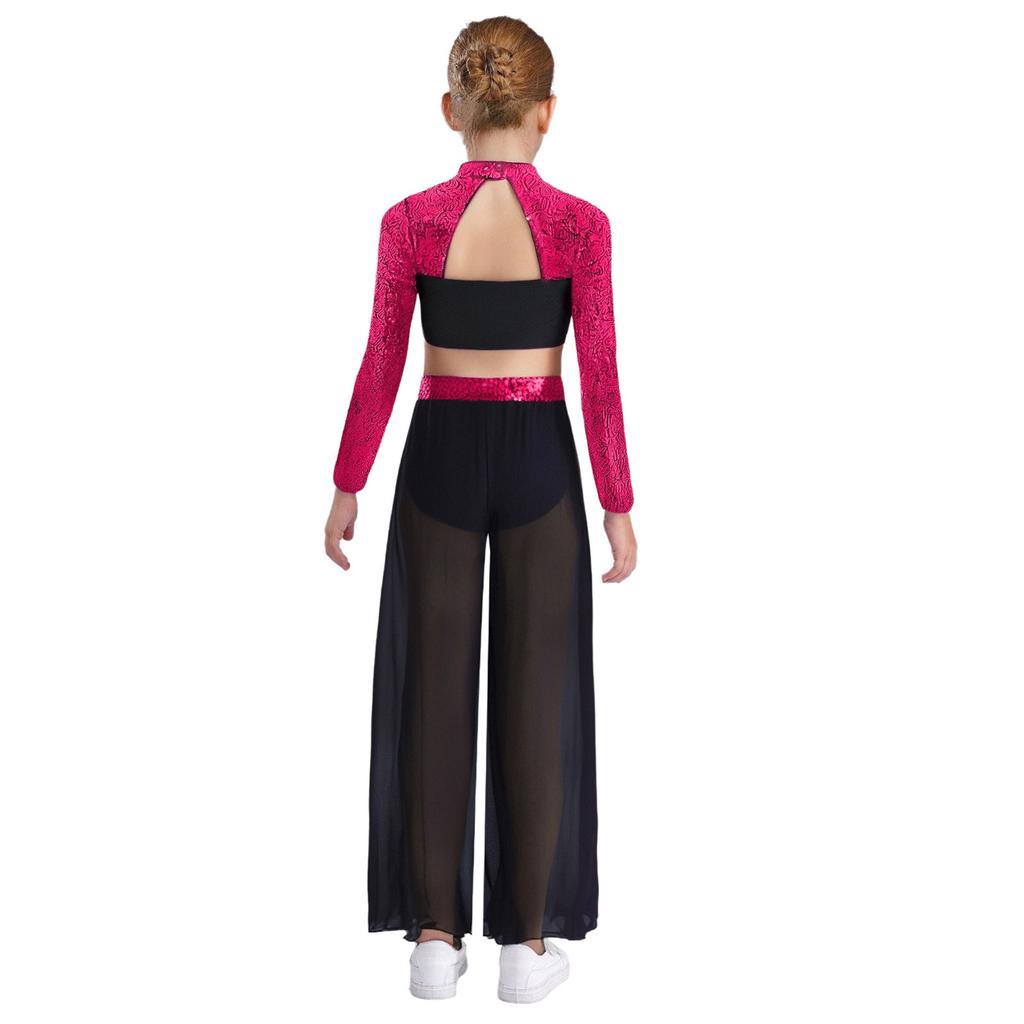 Kids Girls Dance Costume Two-Piece Set Mock Neck Long-Sleeved Sequins Cutout Back Press Button Crop Top with Flowing Chiffon Overlay Wide-Leg Side Sli