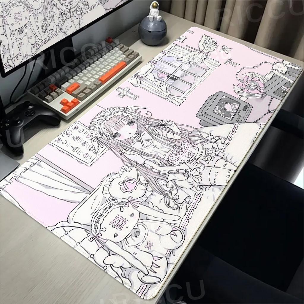 Alfombrilla de Ratón para PC Gaming de Chicas Kawaii Anime Rosa Accesorios de Escritorio para PC Alfombrillas Extendidas Antideslizantes para Teclado de Jugador Grande Alfombrilla de E-Sports