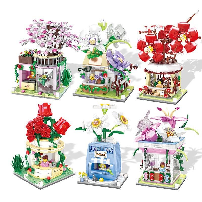 Creative Flower Shop Street View Mini Block Rose Orchid Plum Cherry Blossoms Narcissus Lily Florist Building Brick Figures Toys