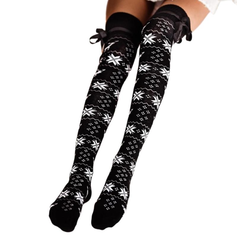 Women Christmas Snowflake Knitted Thigh High Stockings with Ribbon Bows Festival Over Knee Long Boot Socks Leg Warmers