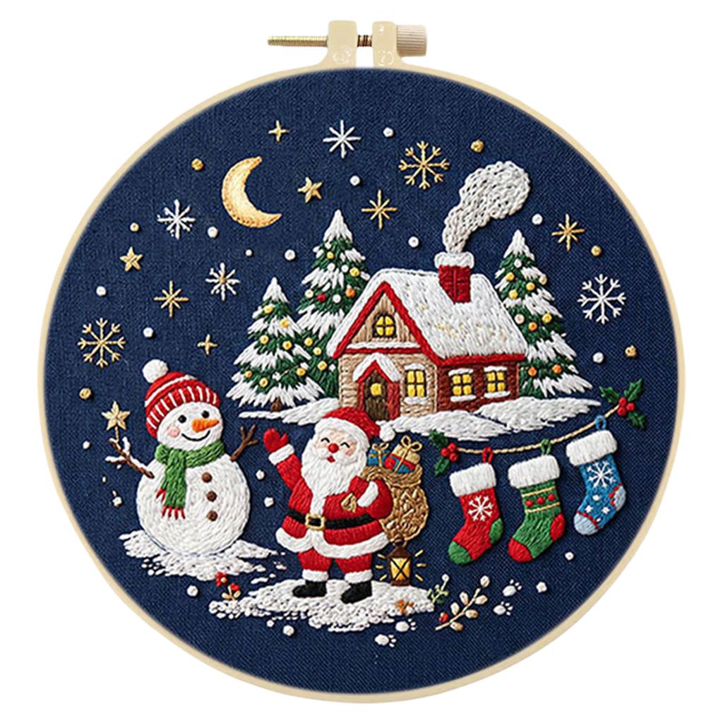Christmas Embroidery Craft Set DIY 30x30cm Cotton Printed Fabric with 20cm Hoop Thread Needle Beginner Kit
