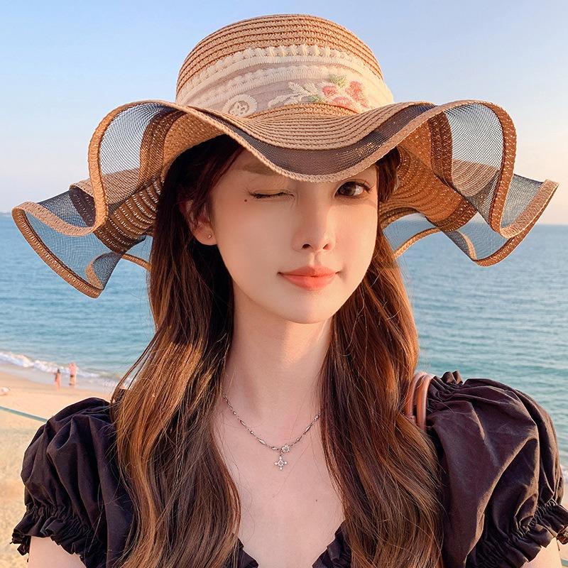 Summer Bow Sun Hat Female, Seaside Beach Vacation Sun Hat Outdoor Big Brim Sun Hat Sweet Straw Hat