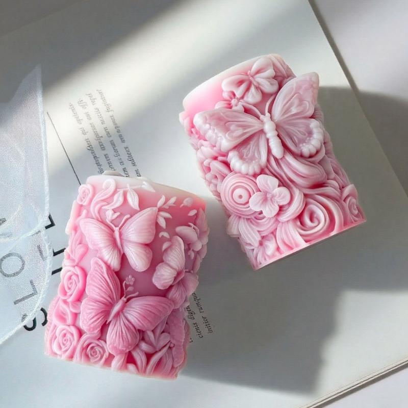 Silicone Cylinder Candle Mould With Florals Butterfly Embossed Designs for Artistics Handmade Candle and Home Decoration