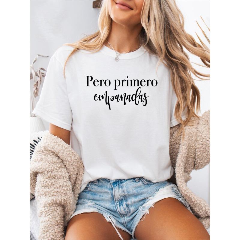 

Spanish Alphabet Print Casual T-Shirt | Women S Crew Neck Short Sleeve Sports Top for Spring/Summer, Medium Stretch Fabric S белый